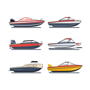 Farklı modern sürat tekneleri. Moda sürat tekneleri vektör illüstrasyonunun koleksiyonu.