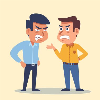Kızgın ifadeler ve hareketlerle çizgi film tartışan iki adam. Çalışan karikatürleri arasındaki ofis çatışması. Anlaşmazlık ve sorun çözme vektör çizimi.