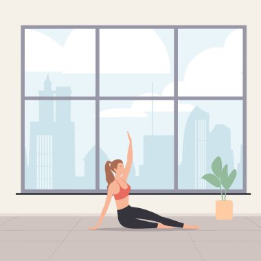 Şehir manzaralı evde yoga yapan genç bir kadın. Spor yapan kadınlar esneme egzersizleri yapar, yoga pozu verir. Refah ve sağlıklı yaşam tarzı konsept vektör çizimi.