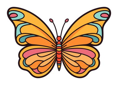 Karmaşık desenli renkli bir kelebek. Bahar ve doğa temaları için parlak ve canlı böcek tasarımı. Vektör illüstrasyonu.