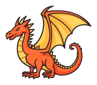 Kanatları açık kırmızı turuncu ejderha çizgi filmi. Vahşi ifade ile mitolojik yaratık fantezi vektör illüstrasyon.