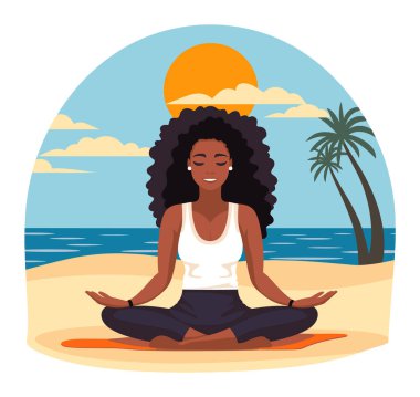 Afrika kökenli Amerikalı kadın gün batımında sahilde meditasyon yapıyor. Huzurlu kadın, deniz kenarında yoga yapıyor. Sağlık ve plaj meditasyon vektörü çizimi.