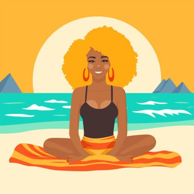 Plaj havlusunda meditasyon yapan Afrikalı Amerikalı kadın, güneşli deniz manzarası. Siyahi kadın yoga, barış ve sağlık vektörü çizimi yapıyor..
