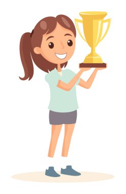 Elinde altın bir kupa tutan genç bir kız zaferi büyük bir gülümsemeyle kutluyor. Başarı ödülünü gösteren başarılı bir çocuk. Başarı ve çocuk başarı vektörü illüstrasyonunun kutlanması.