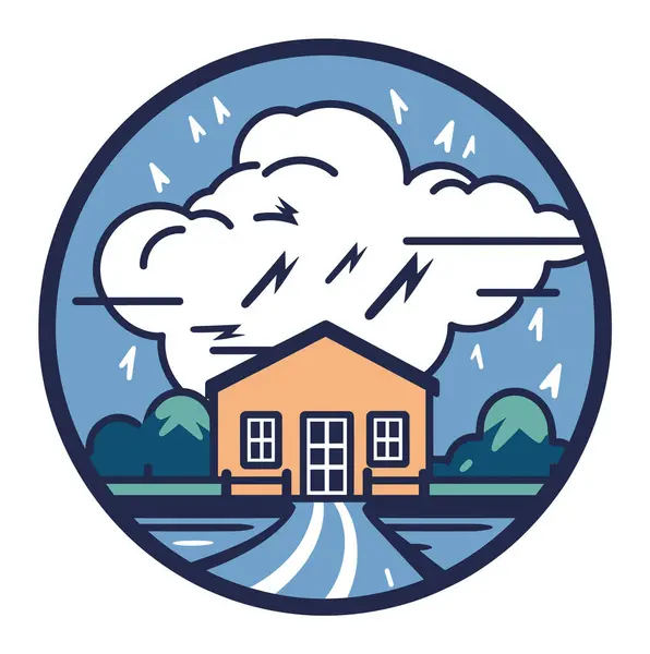 House under stormy clouds with lightning and rain. Circle emblem with a cozy home during a thunderstorm. Bad weather and home safety vector illustration.