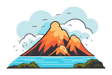 Volkanı lav, bulut ve nehirle patlatıyor. Şekil verilmiş doğal afet sahnesi. Doğa vektörü illüstrasyonunun afeti ve görkemli kuvveti.