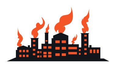 Duman bacaları alev saçan bir fabrika silueti. Sanayi tesisi yanıyor, acil durum vektör çizimi. İş konseptinde kriz ve kaza.