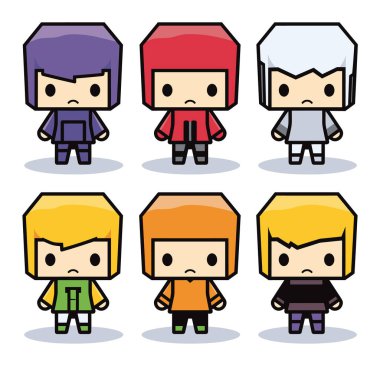 Altı sevimli çizgi film karakteri, iri kafalı, küçük vücutlu, renkli elbiseli, kalın renkliler. Basit tasarım, chibi biçimi, çeşitli ifade vektör illüstrasyonlu karakterler.