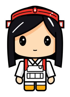 Şirin bir çizgi film itfaiyecisi kız, üniformalı Asyalı kadın karakter. Eğitim vektörü illüstrasyonu için çocuk dostu meslek teması.