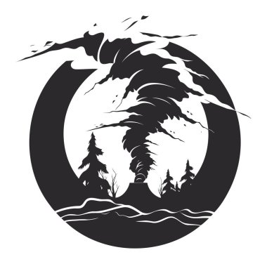 Eve zarar veren bir kasırganın tek renkli vektör çizimi. Güçlü rüzgarlar ve uçan döküntüler gösteriyor. Felaket, aşırı hava ve yıkım teması.