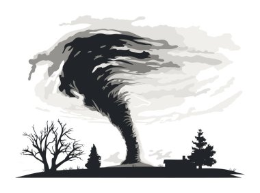 Siyah ve beyaz kasırga vektör çizimi, ağaçlar ve bir ev üzerindeki şiddetli fırtına. Felaket, acil durum kavramı. Doğa 'nın öfkesi ve yıkıcı olay vektör çizimi.