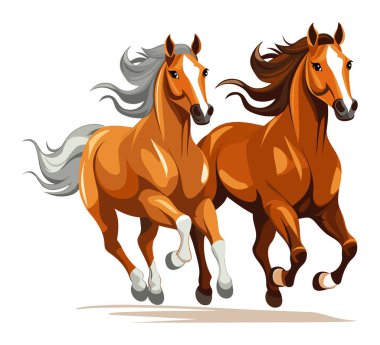 Dörtnala koşan iki kestane atı, sanatsal hayvan çizimi. Zarafet, hareket vektörü illüstrasyonunda yakalanan vahşi atların gücü..