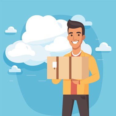 Teslimatçı elinde mutlu bir gülümsemeyle bir paket tutuyor, mavi gökyüzü. Neşeli kurye teslimat paketi, online alışveriş konsepti vektör çizimi.