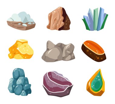 Çeşitli mineral kaya ve taşların toplanması. Renkli taşlar, kristaller, beyaz arka planda izole edilmiş değerli taşlar. Jeoloji ve mineraloji konsept vektör çizimi.
