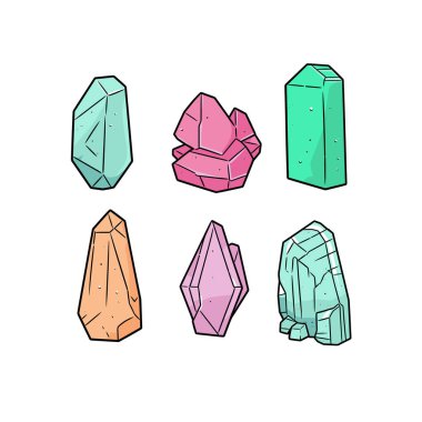 Değişik şekillerde altı renkli kristal ve mineral. Pembe, mavi ve turuncu elle çizilmiş değerli taşlar. Jeoloji ve değerli taşlar vektör çizimi.