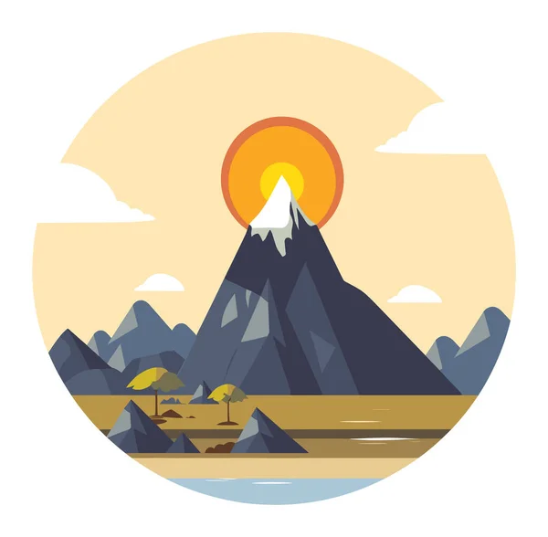 Stylized mountain landscape with sunset, lake and trees. Peaceful nature scene with sun setting behind peaks vector illustration.