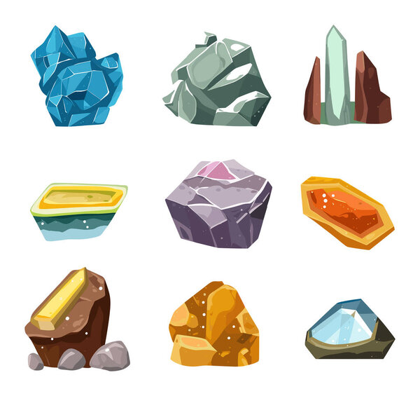 Collection of different cartoon gemstones and minerals. Colorful crystals, precious stones and mineral rocks vector illustration.