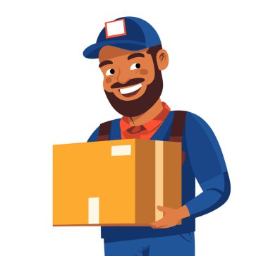 Gülümseyen bir teslimatçı bu renkli vektör illüstrasyonunda bir paket tutuyor..