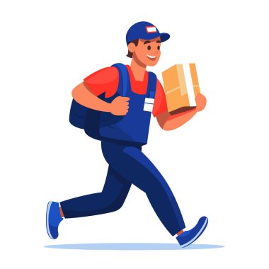 Gülümseyen bir teslimatçı vektör illüstrasyonunda bir paketle koşuyor.