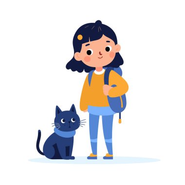 Sırt çantalı genç bir kız bu canlı vektör illüstrasyonunda mavi bir kedinin yanında duruyor..