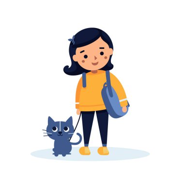 Mutlu bir kız, neşeli bir çizimde tasmalı mavi bir kediyle ayakta duruyor..