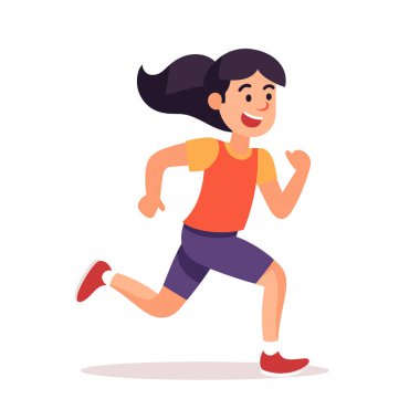 Neşeli bir çizgi film kızı renkli bir vektör çiziminde enerjik bir şekilde koşuyor..