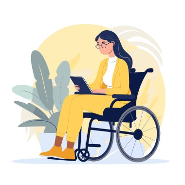 Tekerlekli sandalyedeki bir kadın arkasında bitkiler olan bir tablet okuyor..