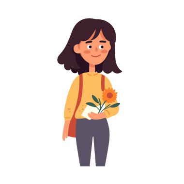 Bir kız, basit bir vektör illüstrasyonunda bir ayçiçeğini tutarken gülümsüyor.