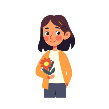 Gülümseyen bir kız basit bir vektör illüstrasyonunda çiçek tutar..