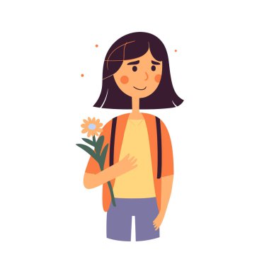 Gülümseyen bir kişi bu vektör illüstrasyonunda sırt çantalı bir çiçek tutuyor..