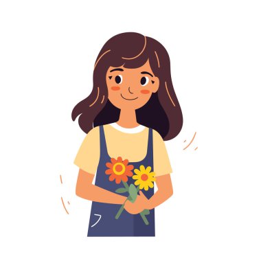 Gülümseyen bir kız basit bir vektör illüstrasyonunda bir buket çiçek tutar..