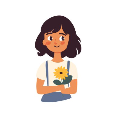 Gülümseyen bir kız bu renkli vektör illüstrasyonunda sarı bir çiçek tutuyor..