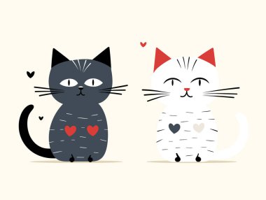 Kalpli iki sevimli kedi vektör illüstrasyonunda birbirlerine bakıyorlar..