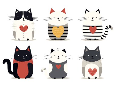 Bir vektör illüstrasyonunda oturan ve gülümseyen, çeşitli desenleri olan altı kediden oluşan şirin bir koleksiyon..
