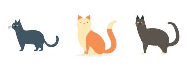 Basitleştirilmiş vektör illüstrasyonunda üç farklı renkli kedi bir sırada duruyor.