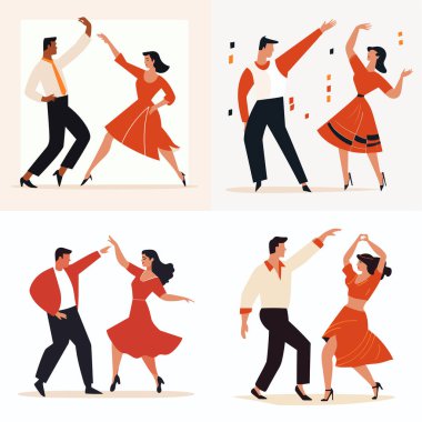 Farklı pozlarda dans eden dört çift salsa veya tango yapıyor. Klasik dans kıyafeti giymiş erkekler ve kadınlar Latin danslarını seviyorlar. Retro dans etkinliği, salsa gecesi vektör illüstrasyonu