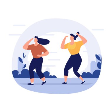 Açık havada egzersiz yapan iki kadın azim ve güç gösteriyor. Kadın fitness egzersizi, sağlıklı yaşam tarzı konsept vektör çizimi.