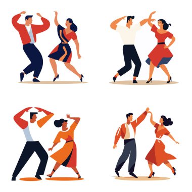 Canlı kıyafetlerle dans eden çiftler. Enerjik Latin Amerika dans hareketleri ve pozları. Retro stil dansçıları illüstrasyonu.