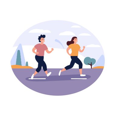 Genç adam ve kadın yolda birlikte koşuyorlar. Doğada gündelik koşu egzersizi. Spor çifti koşuyor, açık hava egzersiz vektörü çizimi.