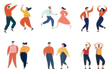 Farklı stilde dans eden ve yürüyen insanlar. Mutlu bireyler hareketlerinden zevk alıyor. Arkadaşlık ve boş zaman aktiviteleri vektör illüstrasyonu