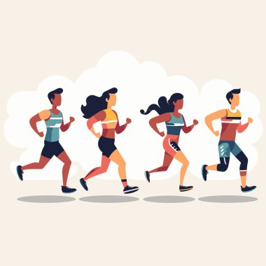 Dört farklı insan birlikte koşuyor. Spor giyim sektöründe çok ırklı bir grup var. Arkadaşlık ve fitness yaşam tarzı vektör çizimi. Aktif yetişkinler, sabah egzersizi ve maraton eğitimi..