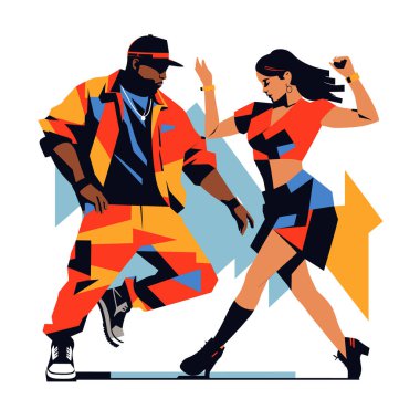 Afro-Amerikan erkek ve kadın hip-hop yapıyor. Renkli kıyafetleri olan sokak dansçıları. Dinamik dans hareketi, performans vektörü çizimi.
