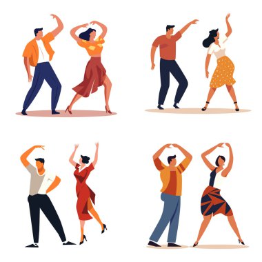 Salsa yapan çiftler, Latin dansı yapan iki çift. Gösterişli elbiseler, enerjik hareketler. Salsa dansı gece vektör illüstrasyonu.