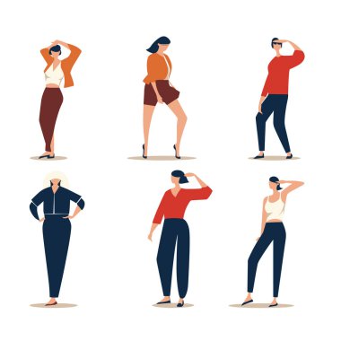 Şık kıyafetler içinde duran altı farklı kadın karakter. Modern kadın modası pozları. Çeşitlilik ve kadınlık vektör illüstrasyonunu kavramlaştırır.