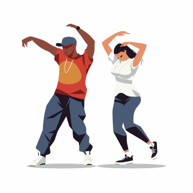 Afrikalı Amerikalı erkek ve beyaz kadın hip hop yapıyor. Sokak dansçıları şehir dansı hareketleri yapıyor. Şehir dans kültürü ve hip hop yaşam tarzı vektör illüstrasyonu.