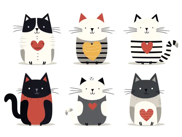 Cute Collection Six Cats Various Patterns Sitting Smiling Vector Illustration — Stock Vector