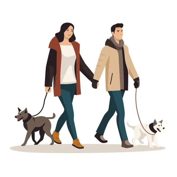 Couple Walking Dogs Leashes Happy Man Woman Winter Clothes Pet — Stock Vector