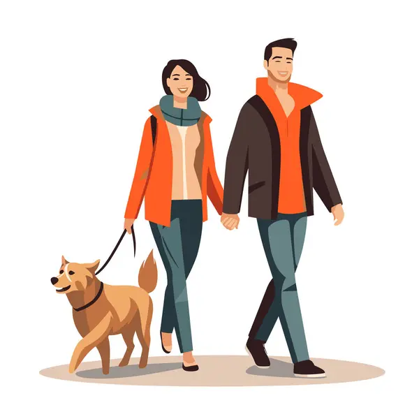 Couple Walking Dog Young Man Woman Holding Hands Happy Expressions — Stock Vector