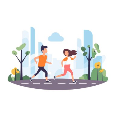 Kadın ve erkek şehir parkında koşuyor, günlük spor kıyafetleri, dinamik pozlar. Kentsel koşma ve fitness yaşam tarzı vektör çizimi.