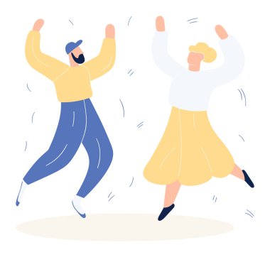 Mutlu çift neşeyle dans ediyor. Şapkalı bir adam ve etekli bir kadın kutlama yapıyor. Mutluluk ve eğlenceli konsept vektör çizimi.